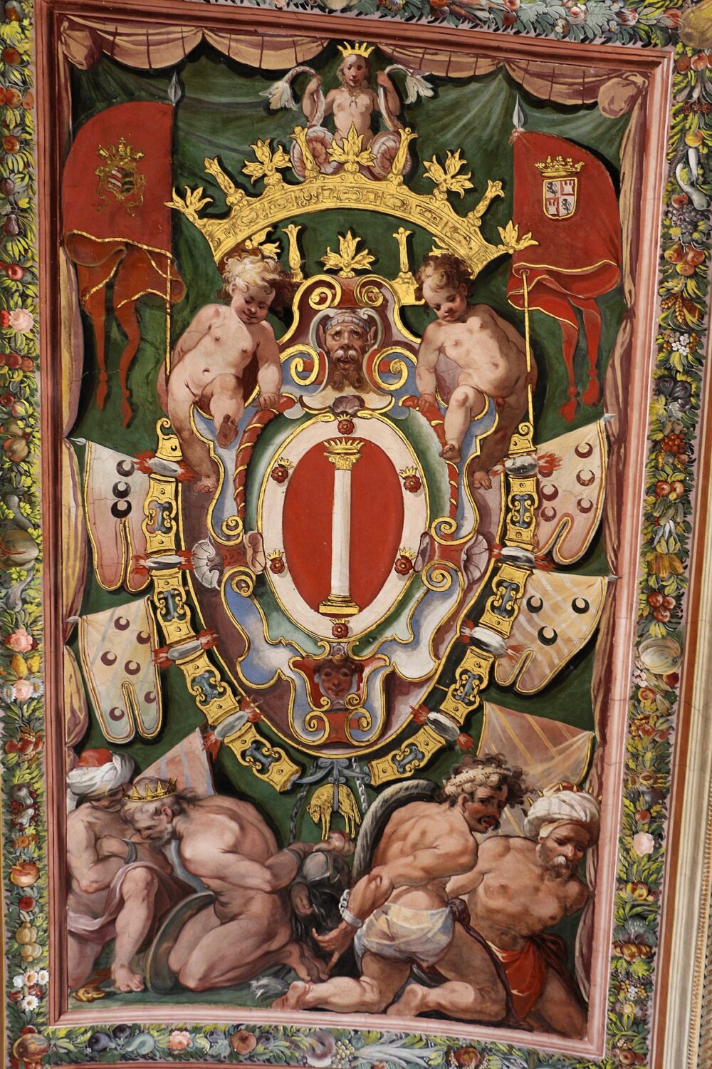 Palazzo Colonna apartment of Princess Isabelle fountain room frescoes attributed to Cristoforo Pomarancio with Colonna coat of arms